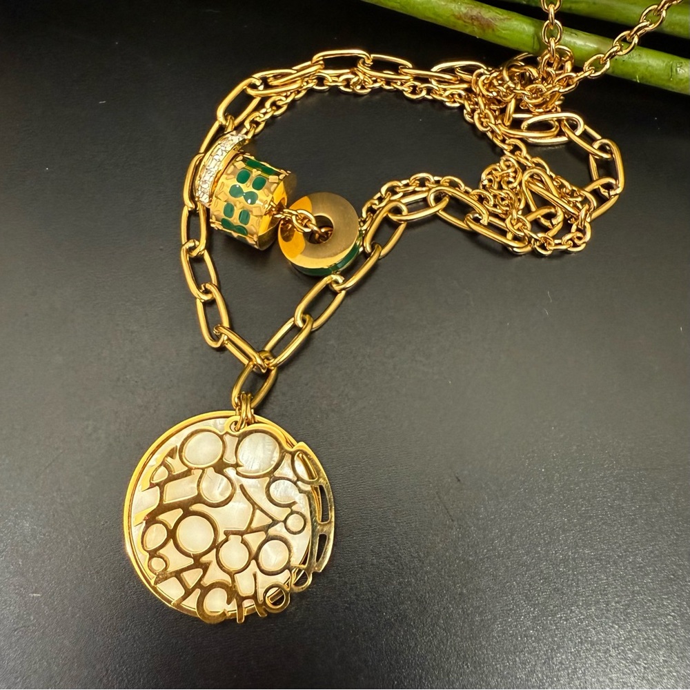 COACH Gold-tone Mother of Pearl Logo Green Enamel Pendant Layered Necklace 28.1g